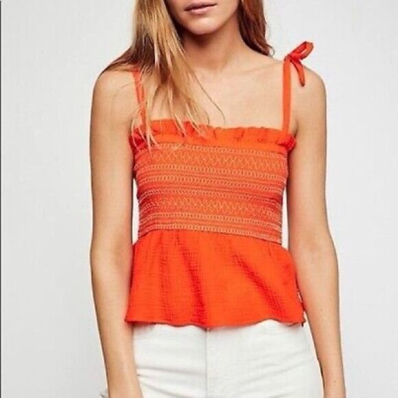 Free People Smock It To Me Embroidered Orange Elastic Tube Tank Top Large - Picture 1 of 9